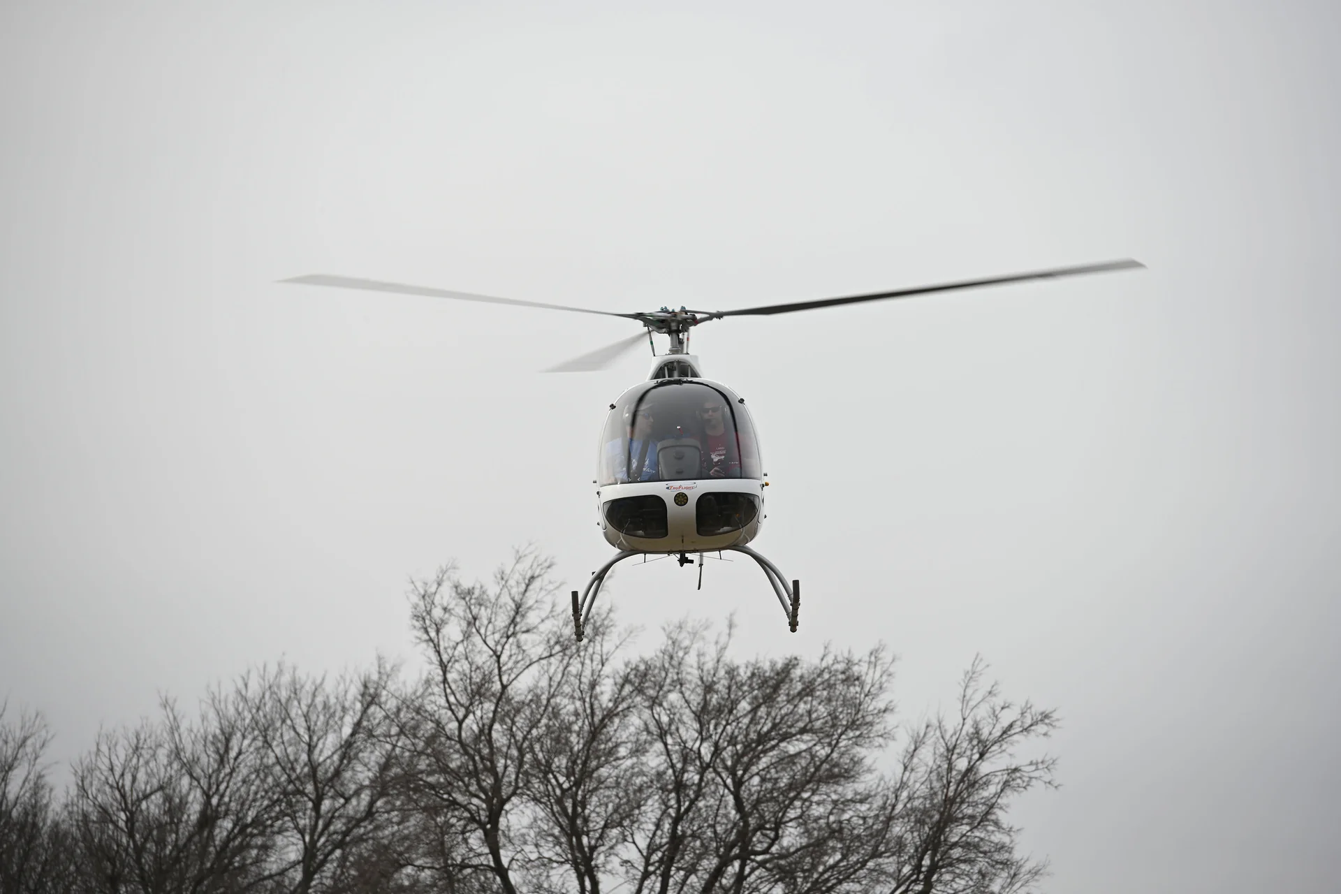 Guimbal Cabri G2 helicopter hovering above bare trees against an overcast sky